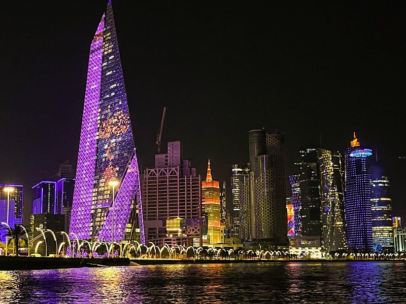 The West Bay towers in Doha lit up at night