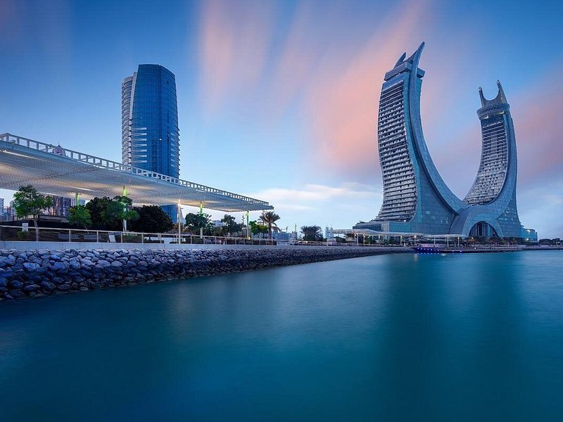 The two crossed curved towers at Lusail Marina north of Doha